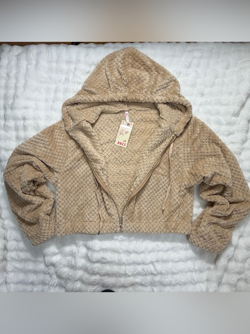 NWT BUZZ Youth Hooded Beige Cropped Zip Up Sherpa Hooded Sweater Size Large - Picture 5 of 7